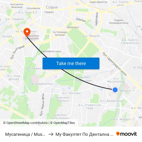 Мусагеница /  Musagenitsa to Му Факултет По Дентална Медицина map