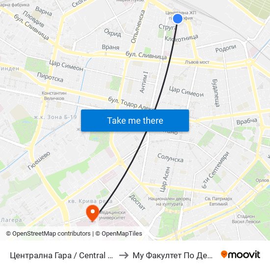 Централна Гара / Central Railway Station (1333) to Му Факултет По Дентална Медицина map