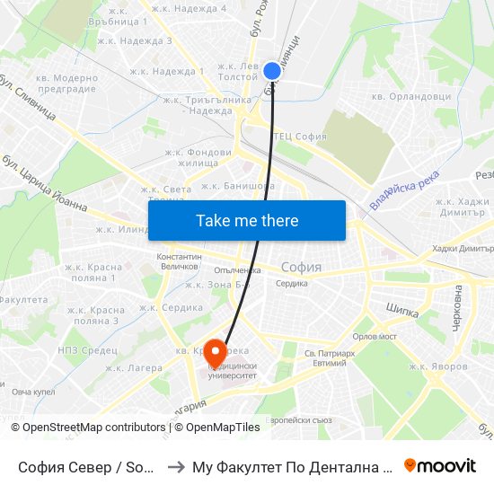 София Север / Sofia North to Му Факултет По Дентална Медицина map