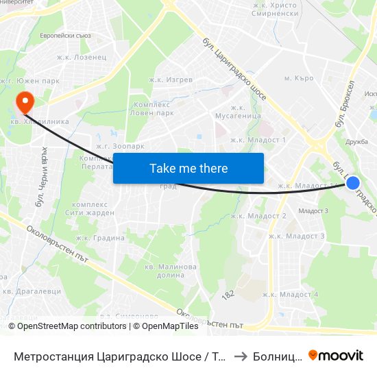 Метростанция Цариградско Шосе / Tsarigradsko Shosse Metro Station (1016) to Болница Лозенец map