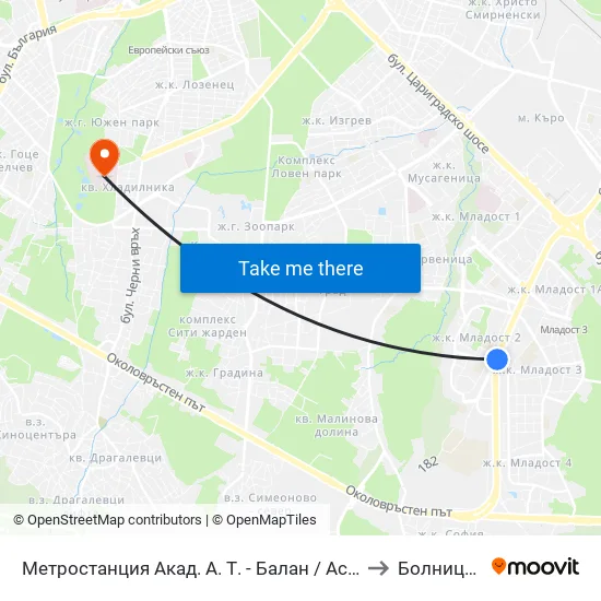 Ⓜ️ Метростанция Акад. Александър Теодоров - Балан / Akademik Aleksandar Teodorov - Balan Metro Station (1917) to Болница Лозенец map