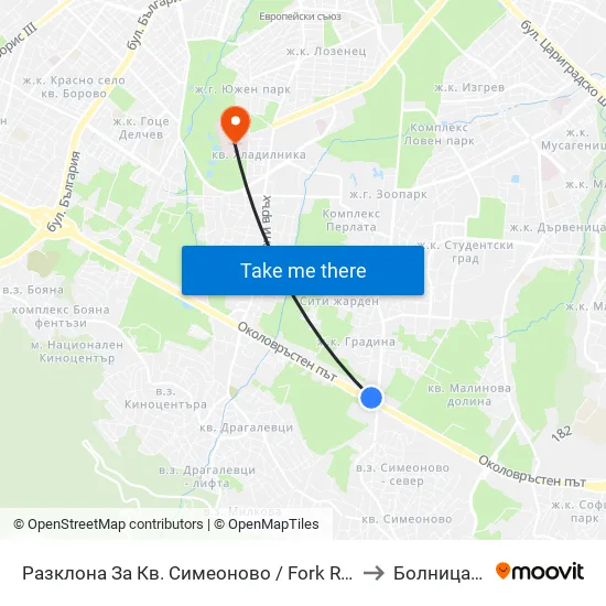 Разклона За Кв. Симеоново / Fork Road To Simeonovo Qr. (1458) to Болница Лозенец map