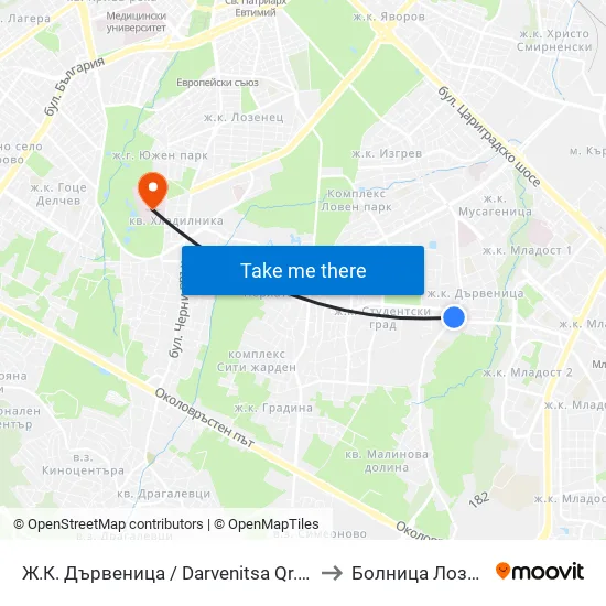 Ж.К. Дървеница / Darvenitsa Qr. (1015) to Болница Лозенец map