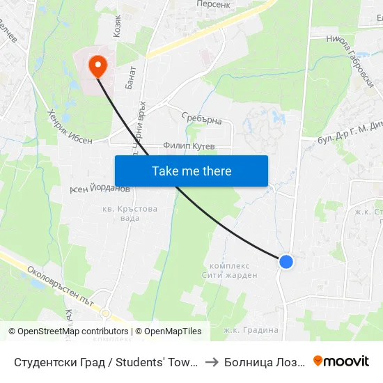 Студентски Град / Students' Town (2382) to Болница Лозенец map