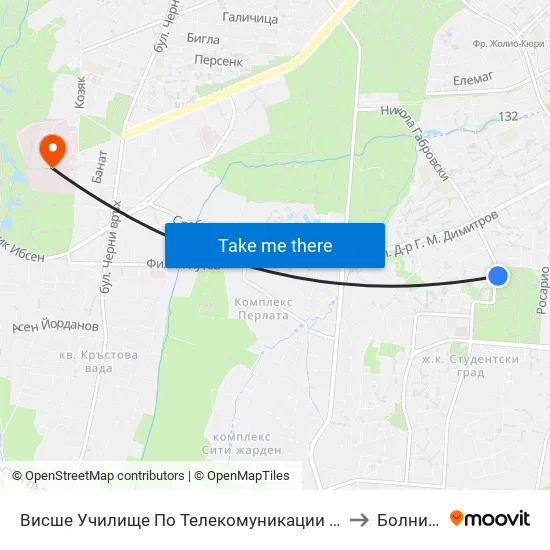 Висше Училище По Телекомуникации / University Of Telecommunications And Post (1397) to Болница Лозенец map