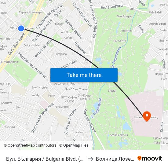 Бул. България / Bulgaria Blvd. (0290) to Болница Лозенец map