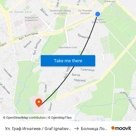Ⓜ️🎓 Ул. Граф Игнатиев / Graf Ignatiev St. (1913) to Болница Лозенец map