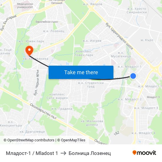 Младост-1 / Mladost 1 to Болница Лозенец map