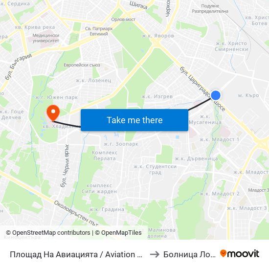 Площад На Авиацията / Aviation Square (1258) to Болница Лозенец map