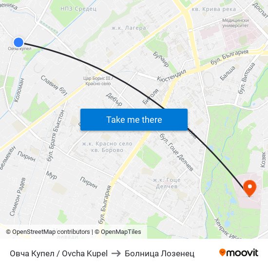 Овча Купел / Ovcha Kupel to Болница Лозенец map