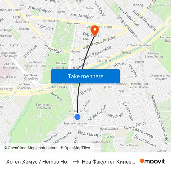 Ⓜ️ Хотел Хемус / Hemus Hotel (2330) to Нса Факултет Кинезитерапия map
