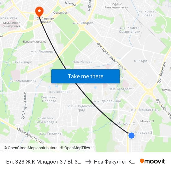 Бл. 323 Ж.К Младост 3 / Bl. 323, Mladost 3 Qr. (2487) to Нса Факултет Кинезитерапия map