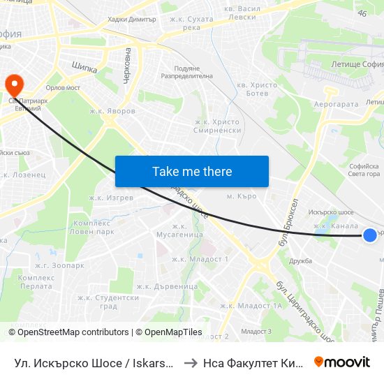 Ул. Искърско Шосе / Iskarsko Shose St. (2583) to Нса Факултет Кинезитерапия map