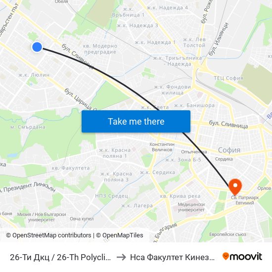 26-Ти Дкц / 26-Th Polyclinic (0021) to Нса Факултет Кинезитерапия map
