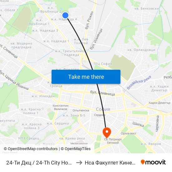 24-Ти Дкц / 24-Th City Hospital (0019) to Нса Факултет Кинезитерапия map