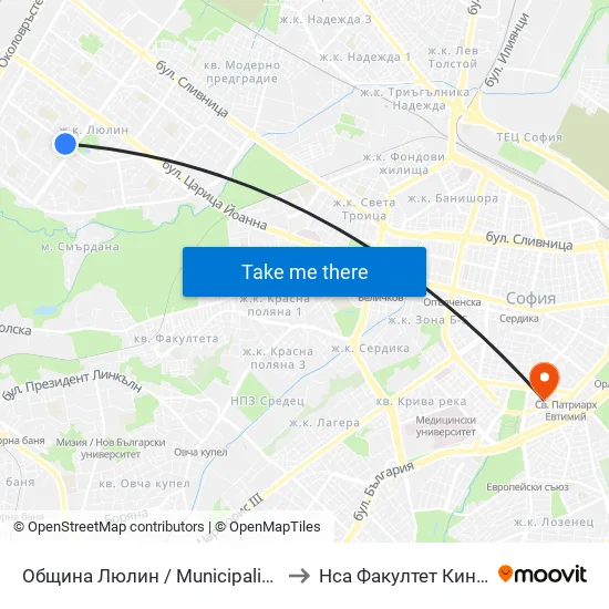 Община Люлин / Municipality Of Lyulin (1719) to Нса Факултет Кинезитерапия map