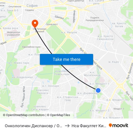 Онкологичен Диспансер / Oncology Clinic (0023) to Нса Факултет Кинезитерапия map