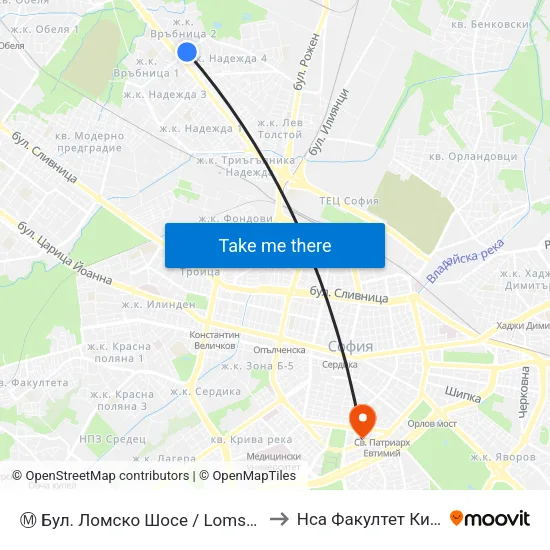 Ⓜ️ Бул. Ломско Шосе / Lomsko Shose Blvd. (0334) to Нса Факултет Кинезитерапия map