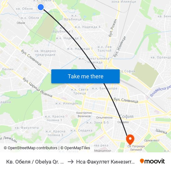 Кв. Обеля / Obelya Qr. (0873) to Нса Факултет Кинезитерапия map