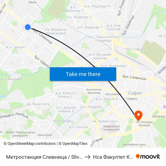 Метростанция Сливница / Slivnitsa Metro Station (1061) to Нса Факултет Кинезитерапия map
