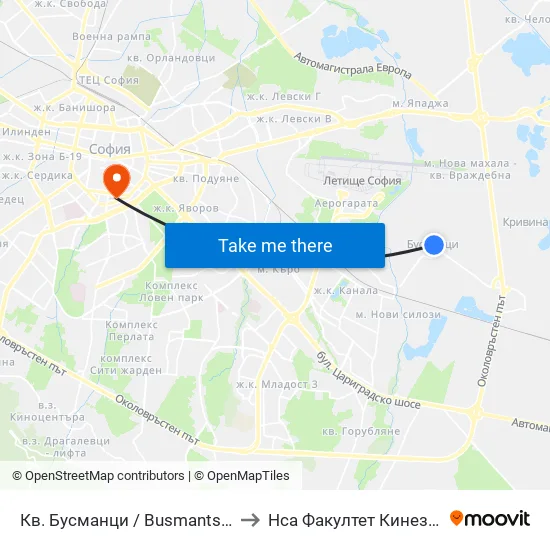 Кв. Бусманци / Busmantsi Qr. (0814) to Нса Факултет Кинезитерапия map