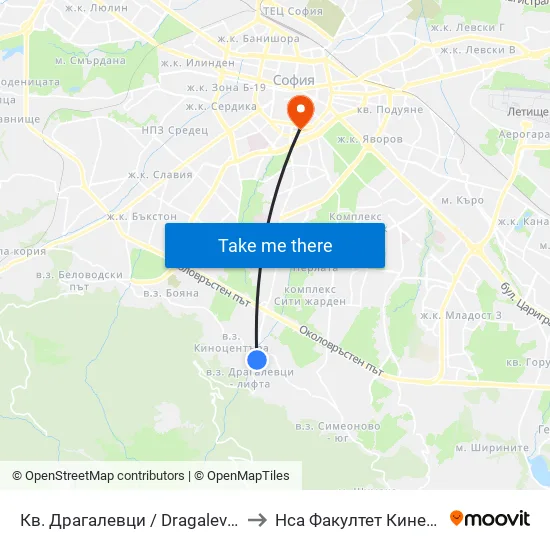 Кв. Драгалевци / Dragalevtsi Qr. (0835) to Нса Факултет Кинезитерапия map
