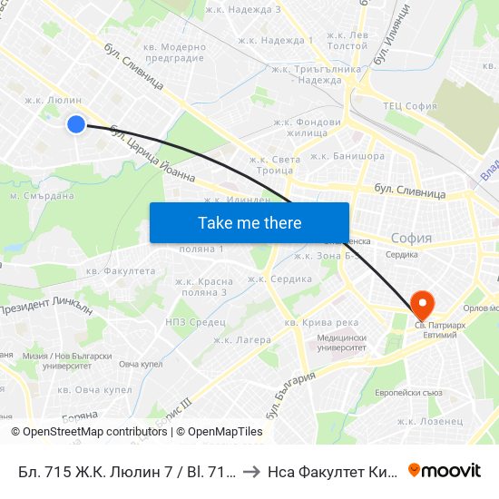 Бл. 715 Ж.К. Люлин 7 / Bl. 715, Lyulin 7 Qr. (0254) to Нса Факултет Кинезитерапия map