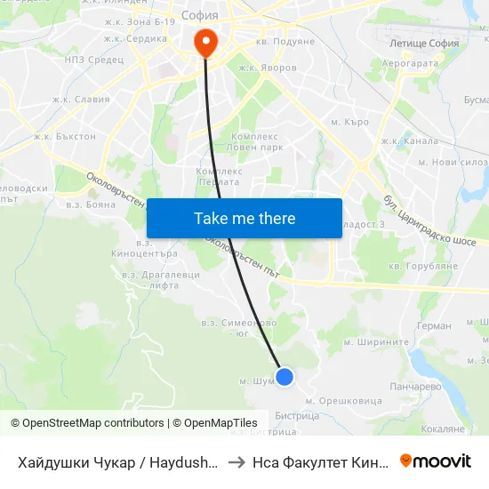 Хайдушки Чукар / Haydushki Chukar (1443) to Нса Факултет Кинезитерапия map