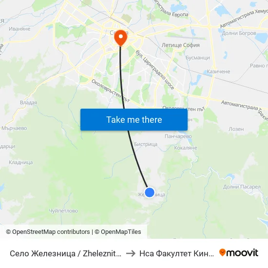 Село Железница / Zheleznitsa Village (1530) to Нса Факултет Кинезитерапия map