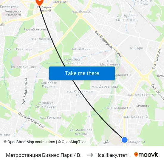 Ⓜ️ Метростанция Бизнес Парк / Business Park Metro Station (2373) to Нса Факултет Кинезитерапия map