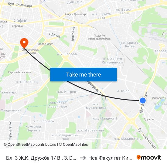 Бл. 3 Ж.К. Дружба 1/ Bl. 3, Druzhba 1 Qr. (0182) to Нса Факултет Кинезитерапия map