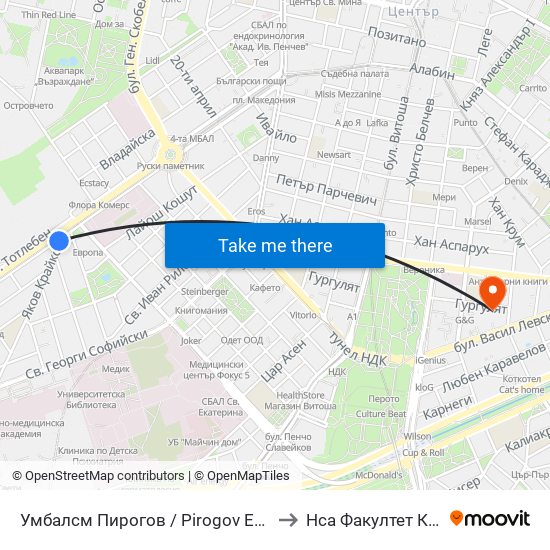 Умбалсм Пирогов / Pirogov Emergency Hospital (0760) to Нса Факултет Кинезитерапия map