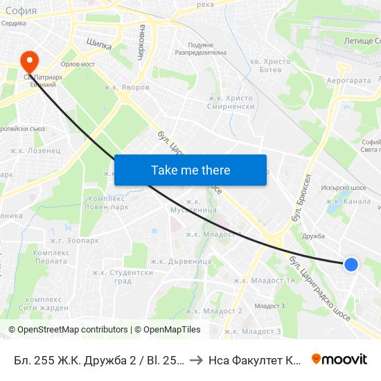 Бл. 255 Ж.К. Дружба 2 / Bl. 255, Druzhba 2 Qr. (0176) to Нса Факултет Кинезитерапия map