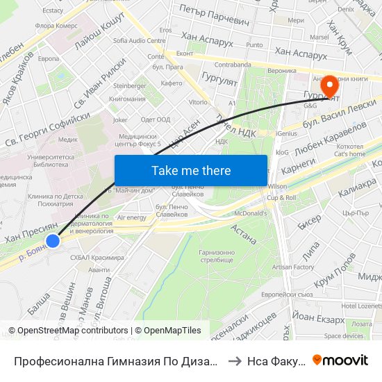 Професионална Гимназия По Дизайн Елисавета Вазова / Elisaveta Vazova High School Of Design (1737) to Нса Факултет Кинезитерапия map