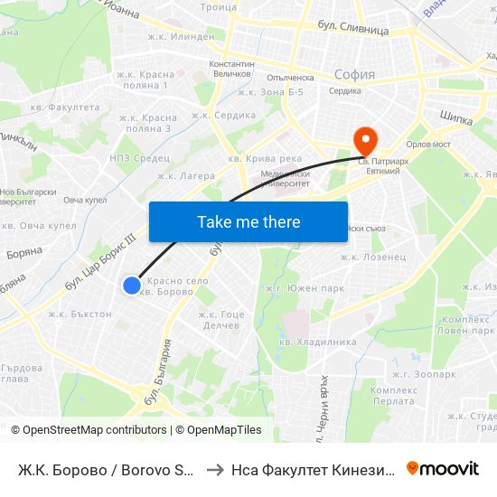 Ж.К. Борово / Borovo Sq. (2767) to Нса Факултет Кинезитерапия map