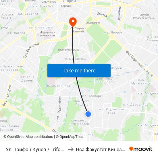Ул. Трифон Кунев / Trifon Kunev St. to Нса Факултет Кинезитерапия map