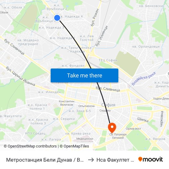 Метростанция Бели Дунав / Beli Dunav Metro Station (6707) to Нса Факултет Кинезитерапия map