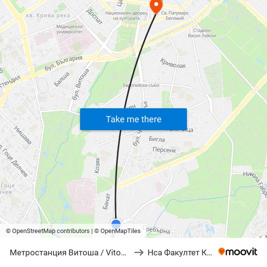 Метростанция Витоша / Vitosha Metro Station (0911) to Нса Факултет Кинезитерапия map