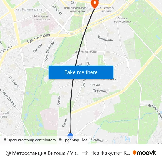Ⓜ️ Метростанция Витоша / Vitosha Metro Station (0911) to Нса Факултет Кинезитерапия map