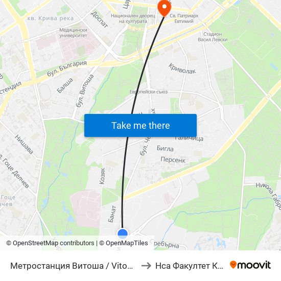 Метростанция Витоша / Vitosha Metro Station (0910) to Нса Факултет Кинезитерапия map