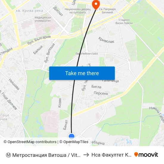 Ⓜ️ Метростанция Витоша / Vitosha Metro Station (0910) to Нса Факултет Кинезитерапия map