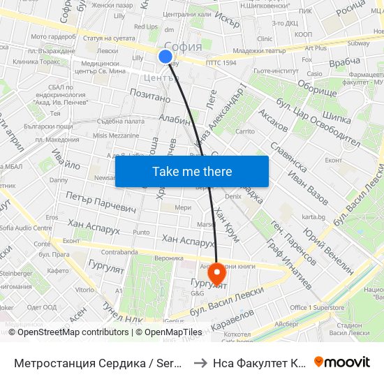 Метростанция Сердика / Serdika Metro Station (6454) to Нса Факултет Кинезитерапия map