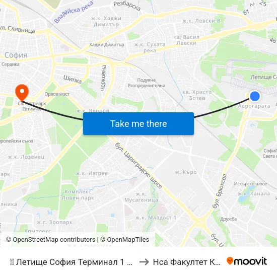 ✈️ Летище София Терминал 1 / Sofia Airport Terminal 1 to Нса Факултет Кинезитерапия map
