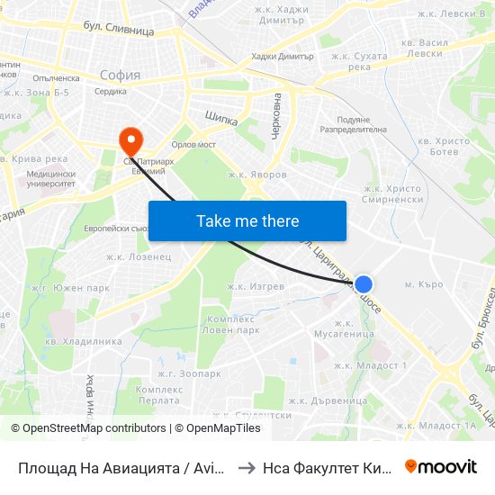 Площад На Авиацията / Aviation Square (1258) to Нса Факултет Кинезитерапия map