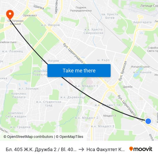 Бл. 405 Ж.К. Дружба 2 / Bl. 405, Druzhba 2 Qr. (1487) to Нса Факултет Кинезитерапия map
