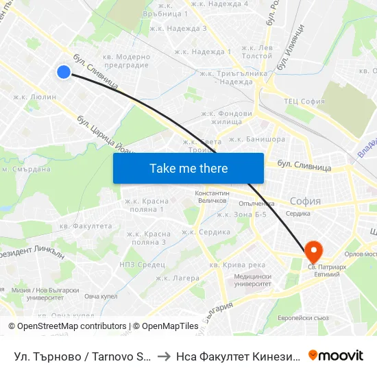 Ул. Търново / Tarnovo St. (2220) to Нса Факултет Кинезитерапия map