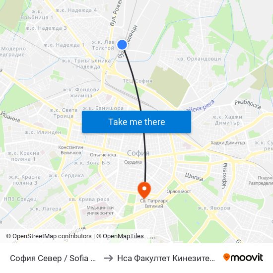 София Север / Sofia North to Нса Факултет Кинезитерапия map