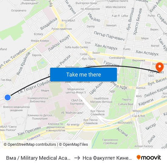 Вма / Military Medical Academy (0419) to Нса Факултет Кинезитерапия map