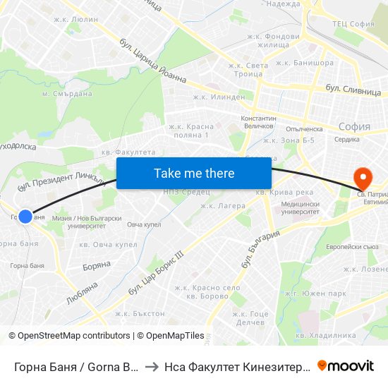 Горна Баня / Gorna Banya to Нса Факултет Кинезитерапия map