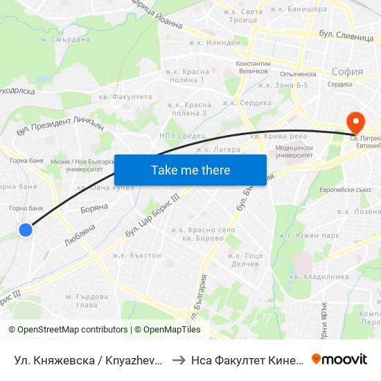 Ул. Княжевска / Knyazhevska St. (6623) to Нса Факултет Кинезитерапия map